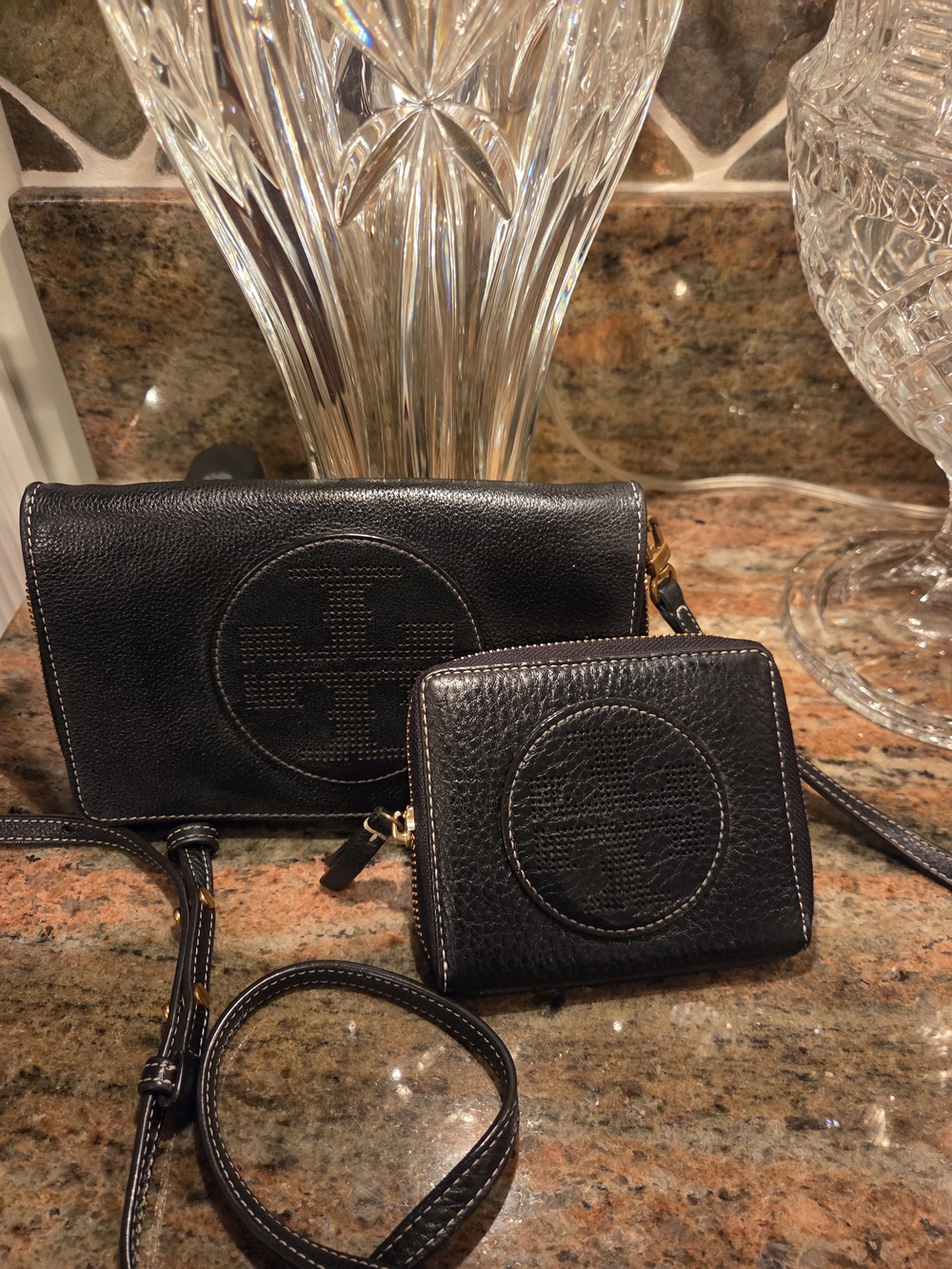 Tory Burch Black Leather Crossbody Wallet Set